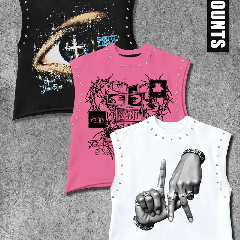 Casual Sports Vest Set, Rivet Design Trendy Print, Sleeveless Vests for Spring Summer, Unisex Streetwear, 3 Piece Set, Fashion Vest