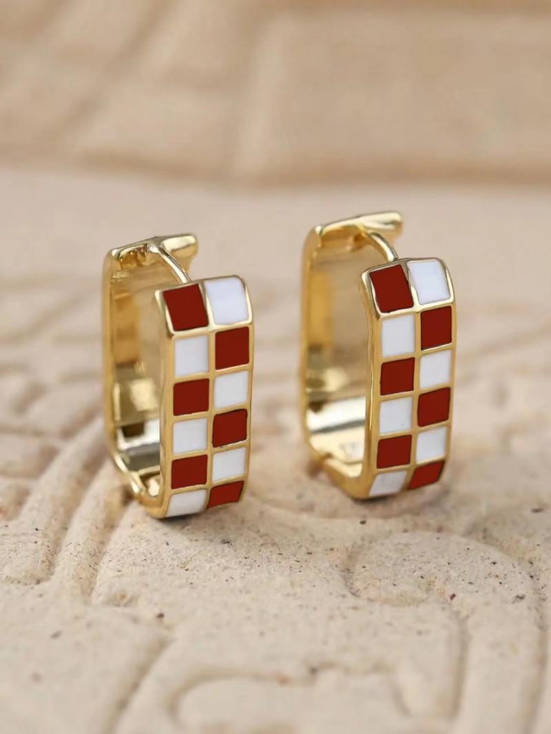 Checkerboard Pattern Hoop Earrings, Fashionable Casual Enamel Drip Earring Clip for Women for Party, Daily Decor, Trendy All-match & Exquisite Jewelry for Gift, High Quality Earrings