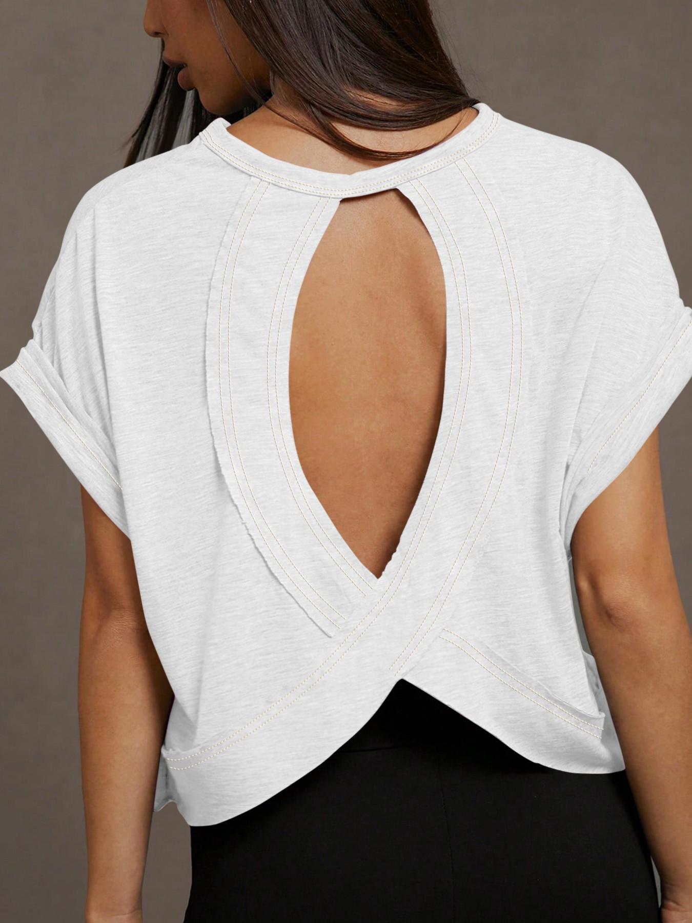 Women's Cut Out Back Batwing Sleeve Tee, Stylish Fashion Top, Unique Design, Minimalist, Perfect for Casual Wear, Comfortable & Trendy