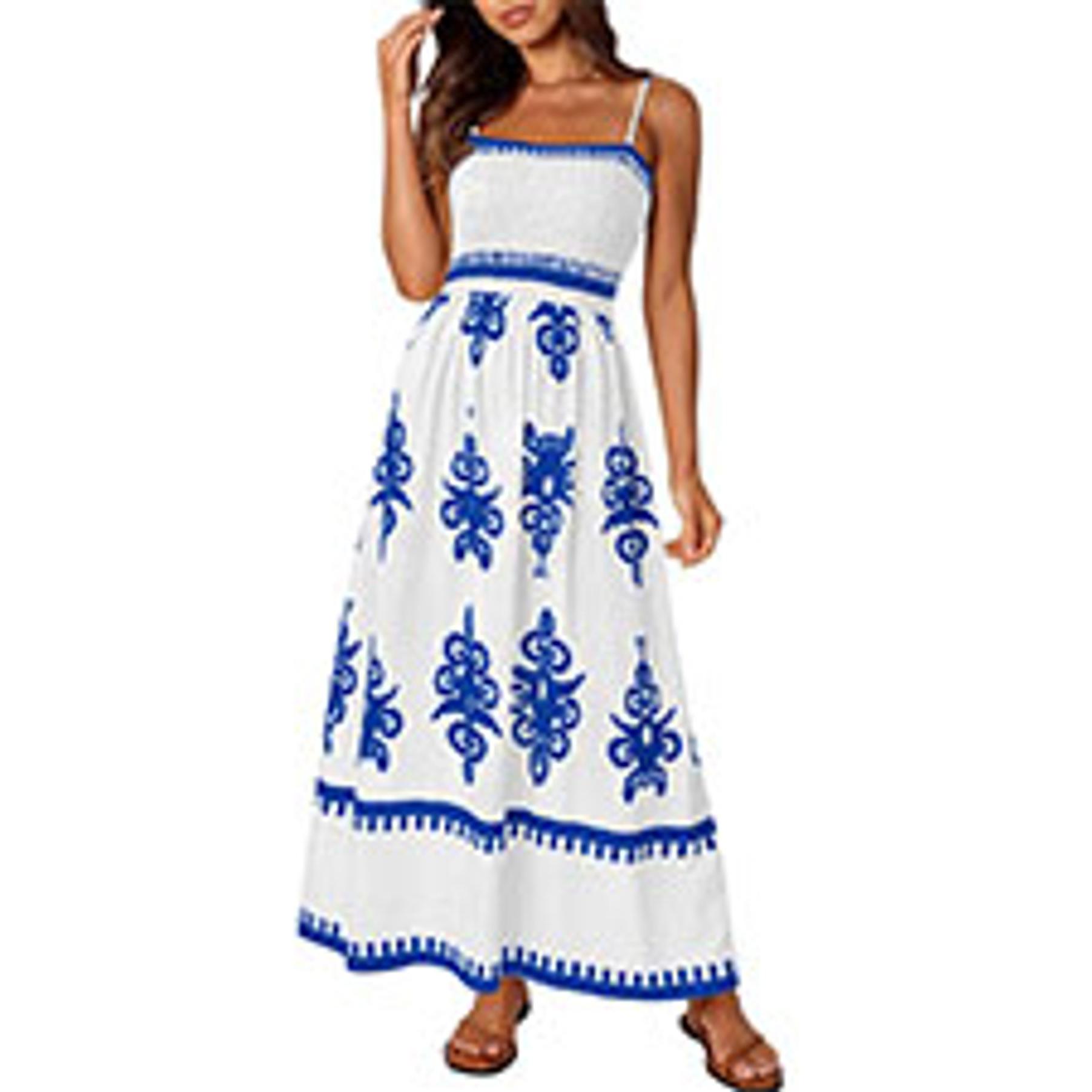 Women's 2026 Summer Spaghetti Strap Maxi Dresses Plaid Square Neck A Line Casual Beach Vacation Long Sundress