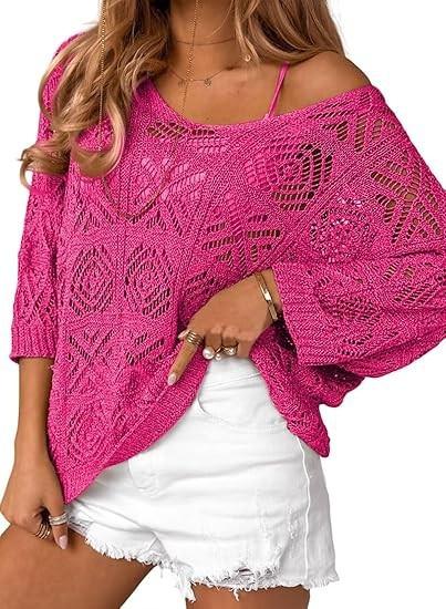 Women's Spring/Summer Crochet Hollow Out Three-Quarter Sleeve Pullover Sweater Batwing Sleeve Vacation Style Intellectual and Gentle Style