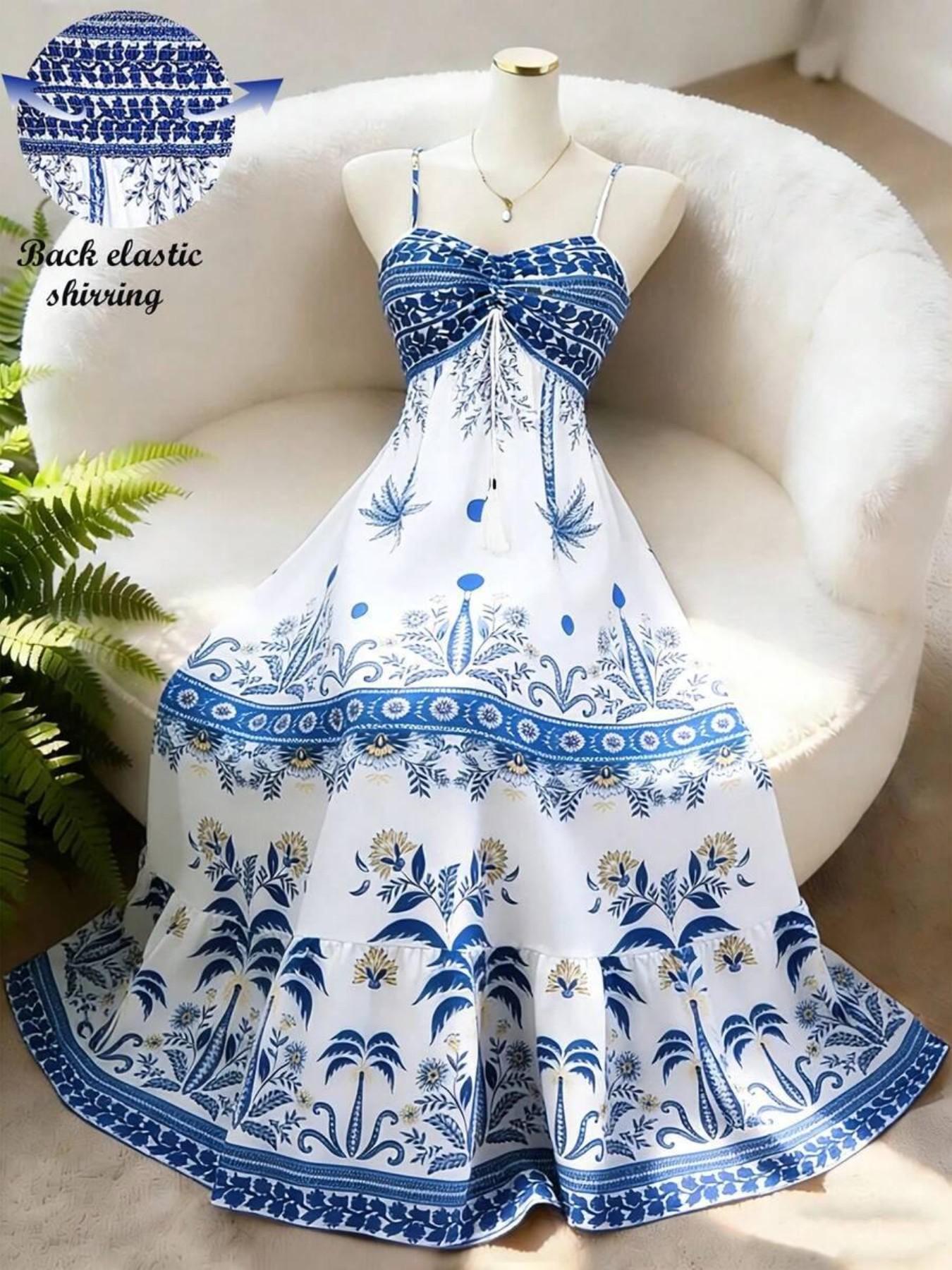 Women's Printed Thin Strap Tie Waist A-Line Dress, Elegant Casual Style, French Streetwear Vintage Look, New Summer Blue Sleeveless Long Dress, Dress For Summer