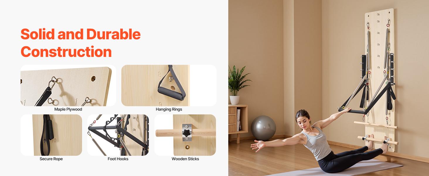 VEVOR Wall Mounted Pilates Reformer Machine, Maple Wood Pilates Springboard, Exercise Equipment with Resistance Springs, Yoga Fitness Trainer, Suitable for Flexibility Balance, Home Gym Studio Workout