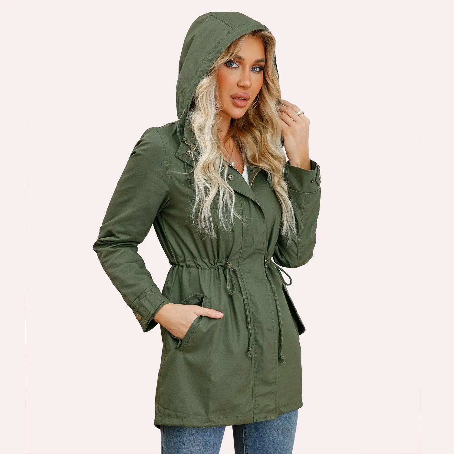 BIGWIG Women's Casual Adjustable Hooded Jacket - Windproof, Waterproof, Breathable Blend Fabric, Loose Fit, Solid Color, Zipper Closure, Drawstring, Unique Cut, Lightweight Long Coat for Party, Running, Yoga