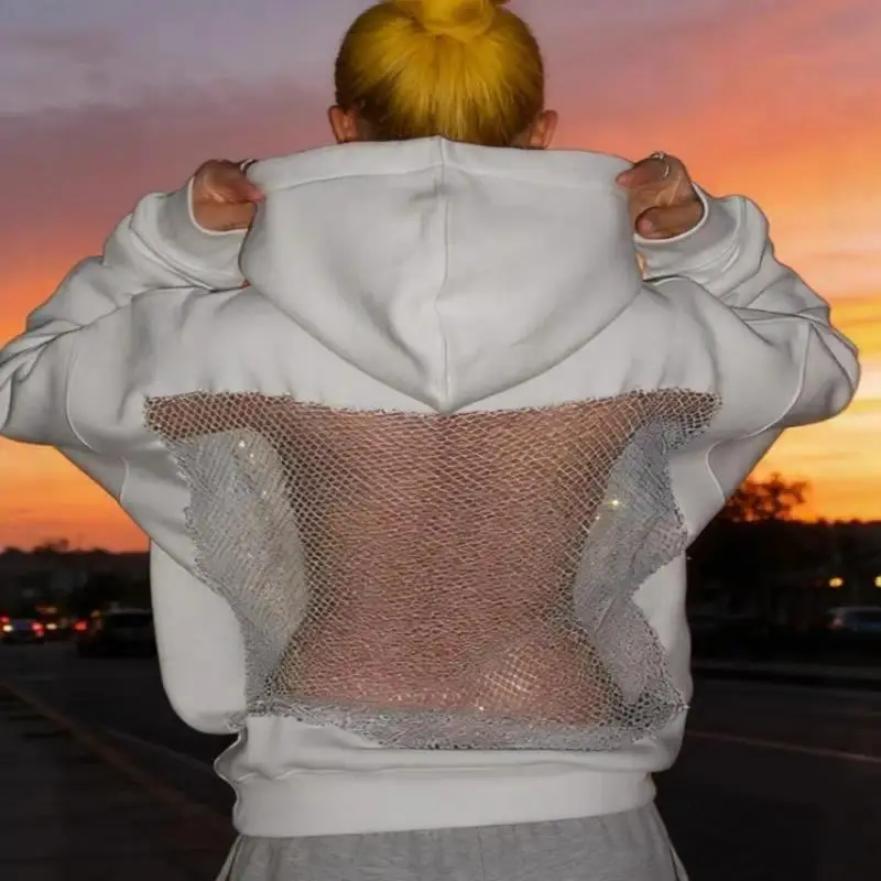 American Gothic Sexy Hollow Mesh Hoodie Y2K Clothes Womens Fashion Translucent Pullover Sweatshirt Casual Long Sleeves Jackets