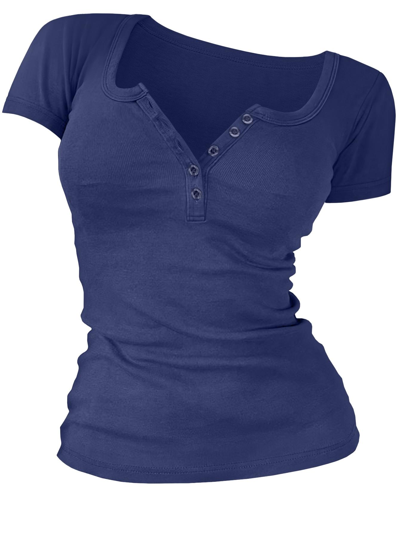 Women's Solid Color Button V-Neck Tee, Casual Short-Sleeve T-Shirt Top for Summer Daily Wear, Ladies Clothes