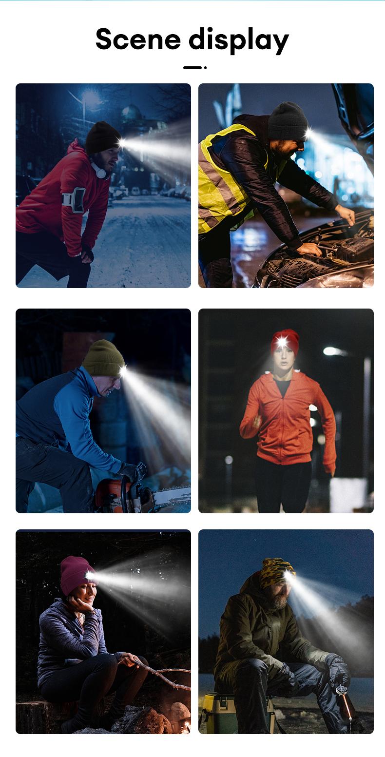 MGALL Bluetooth Beanie with LED Headlight and Removable Speakers, USB Rechargeable Knit warm winter Hat balaclava Hat for Music and Calling, sport,outdoor