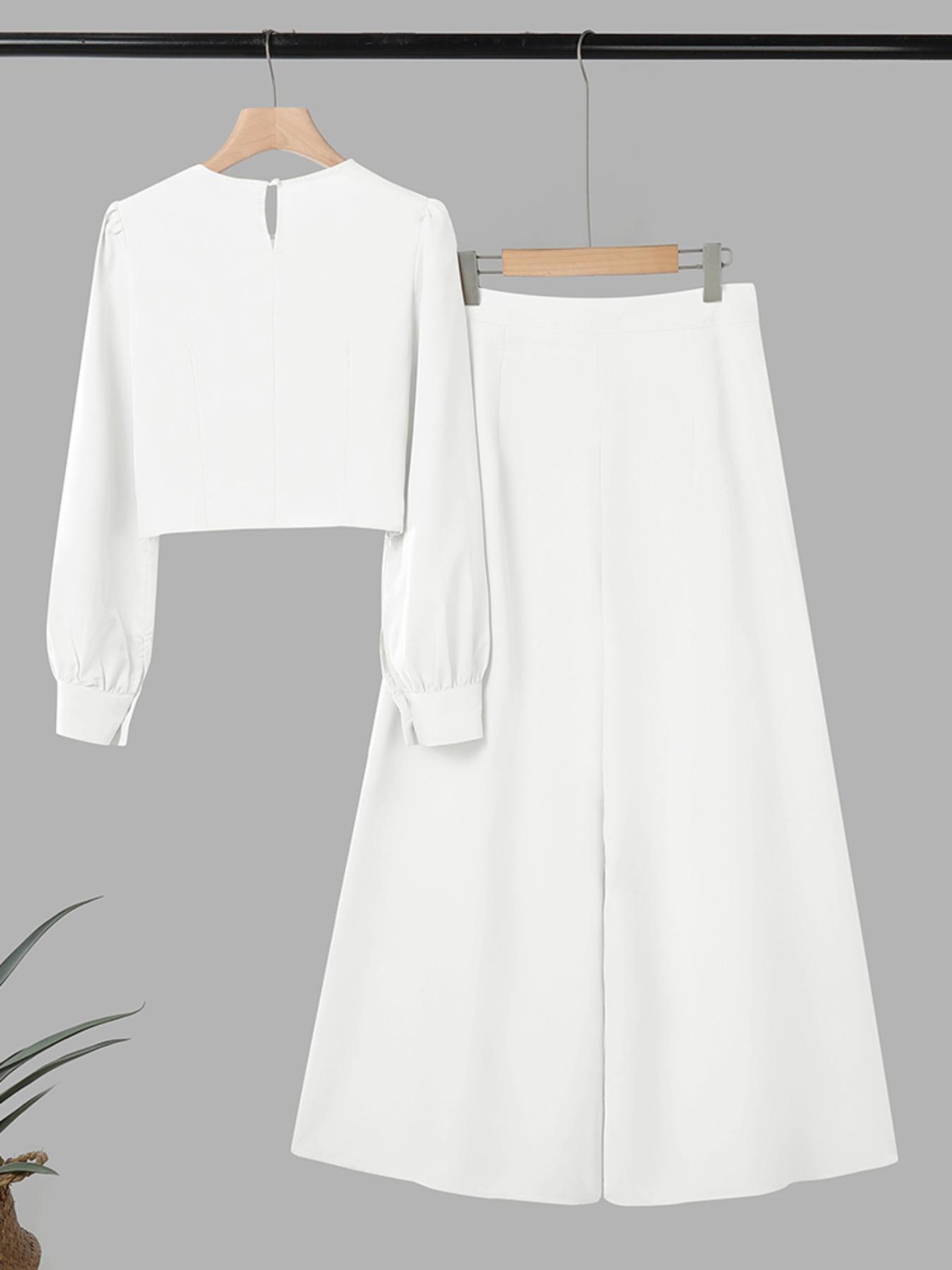 Women's Casual Two-Piece Set, Round Neck Long Sleeve Top & High Waist Wide Leg Pants, Office Style for Daily Wear