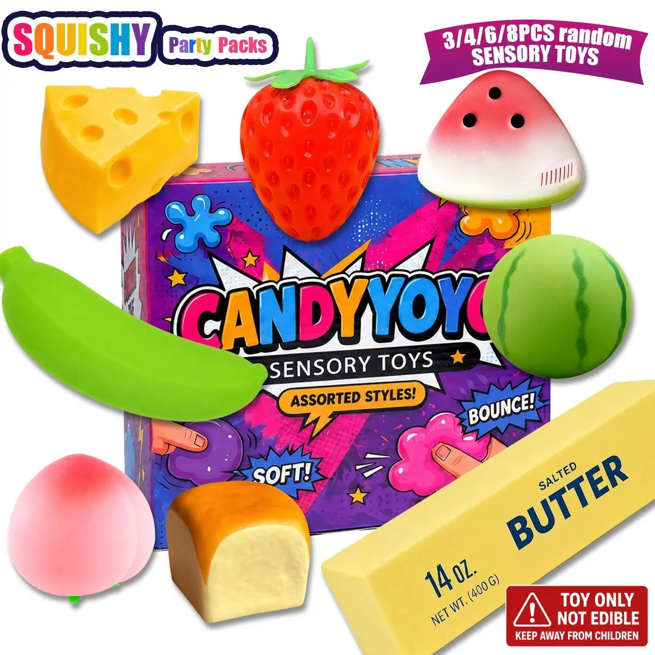 3/4/6/8PCS Stress Relief Fun Toy Set, Sensory Stress Reliever, Squeezable Sensory Combo Pack, Squishy Fidgets, Cheese Strawberry Banana Butter Stick Watermelon Peach Toys, Kids Party Gift