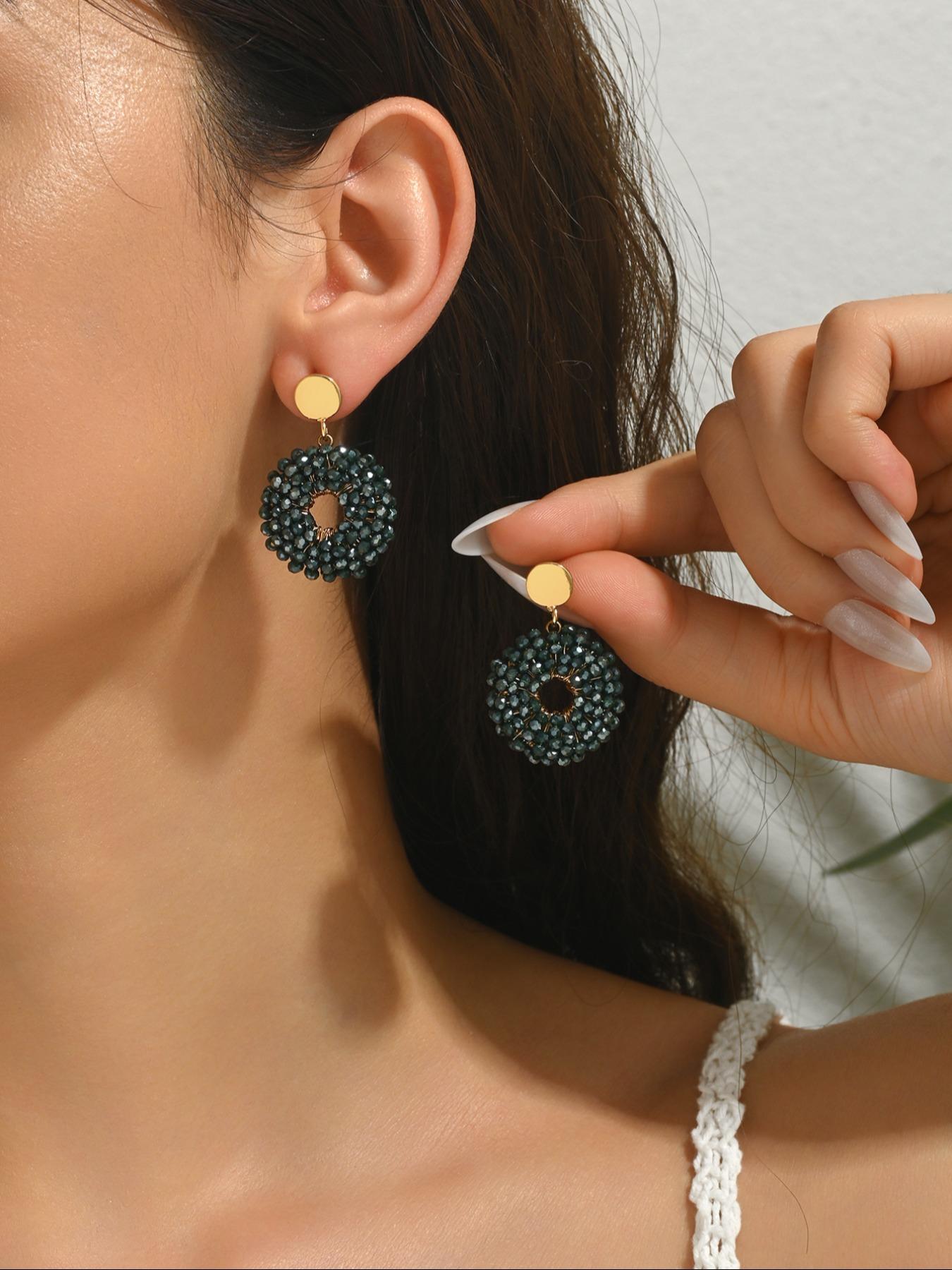 A pair of pure handmade, beaded circular dangle earrings featuring a dazzling "Bling-Bling" effect and a chic Bohemian resort style. These vintage-inspired, ethnic-style earrings offer a unique, versatile, and minimalist aesthetic—exuding elegance