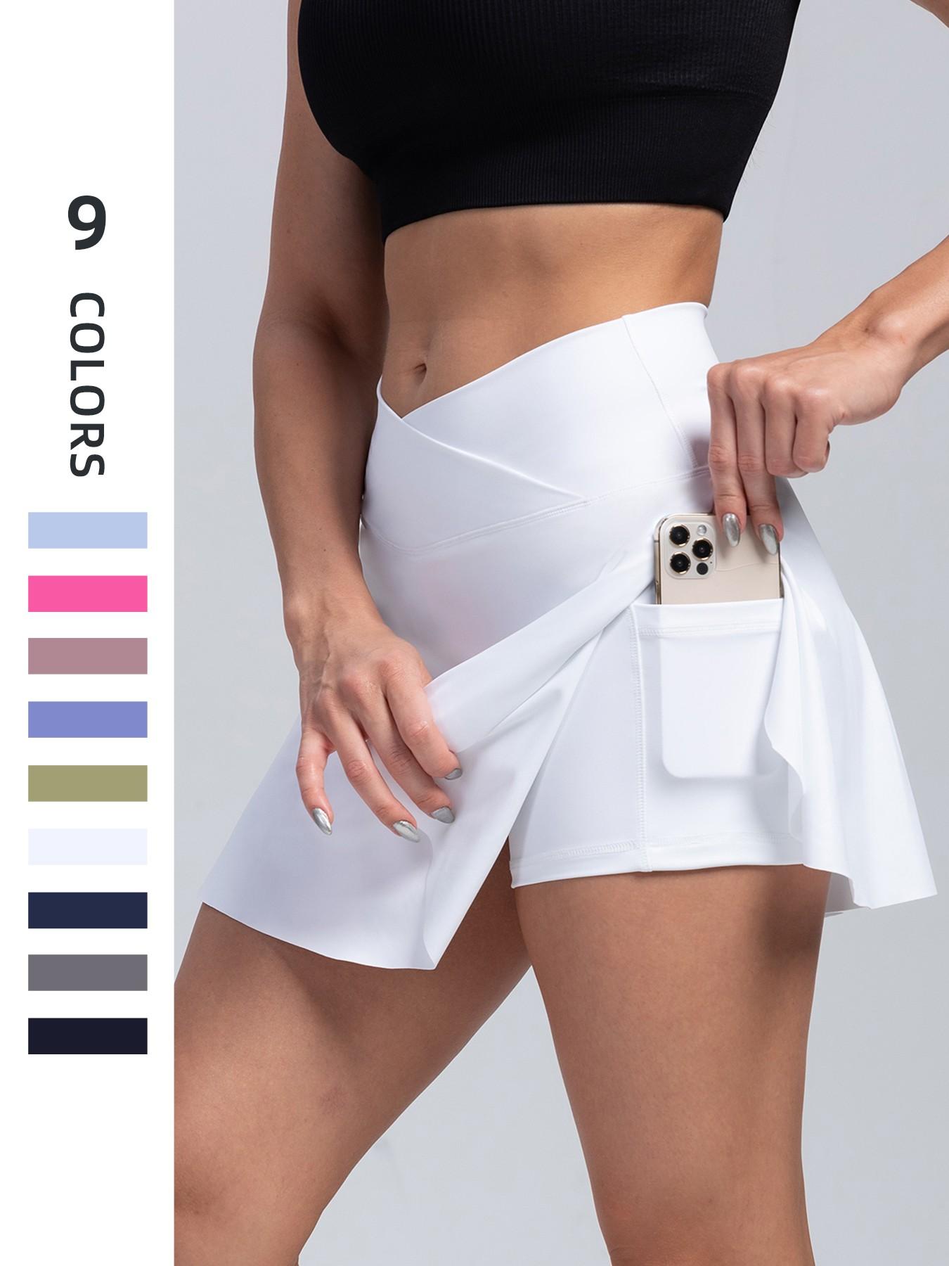 Women's High-Waisted Cross-Belt Sports Skirt, Waist Cinching with Pockets, Anti-Exposure Tennis Skirt, Breathable Yoga Shorts Skirt