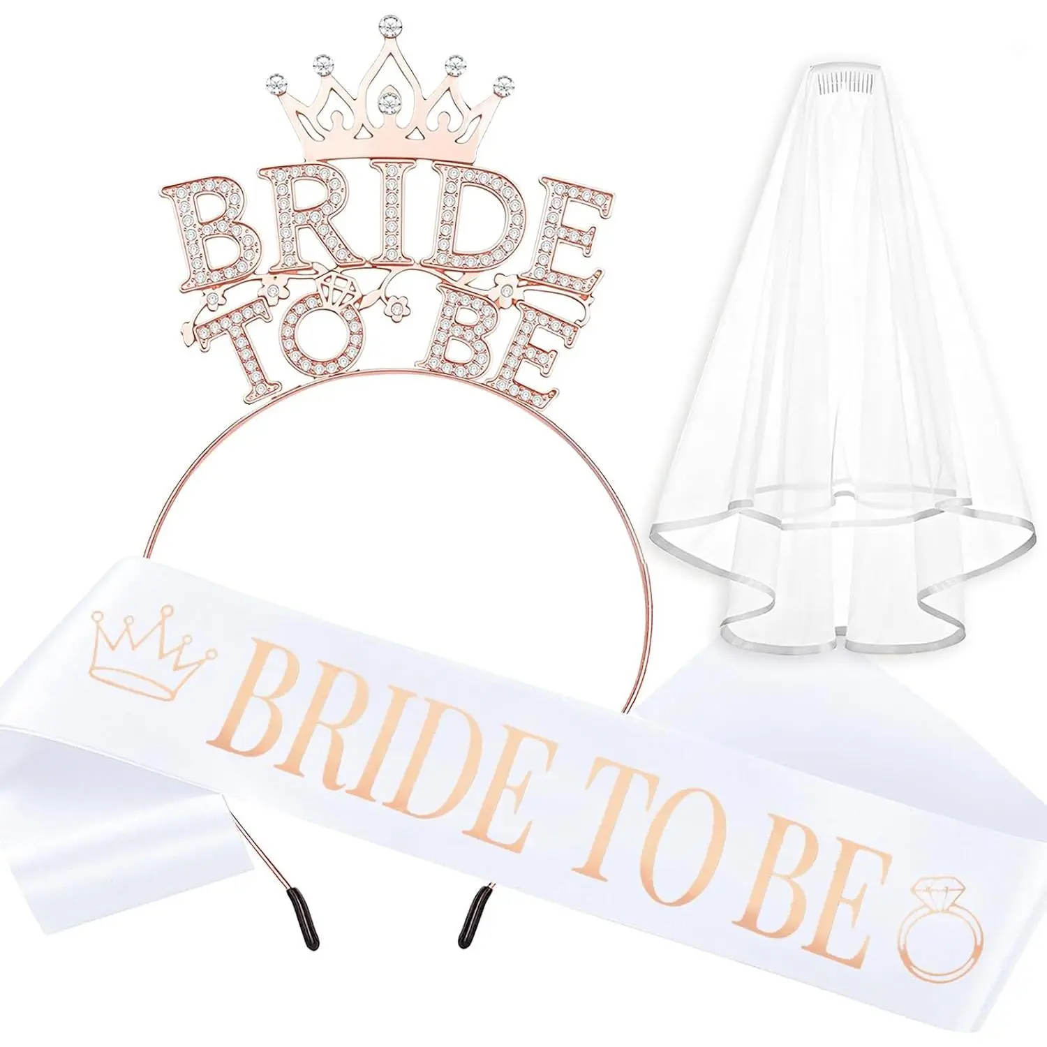 Bride To Be Accessories Set – Rhinestone Tiara Headband, Bride To Be Sash & Veil | Bachelorette Party Supplies, Bridal Shower Decorations, Bride Sash and Veil Set, Bride Accessories
