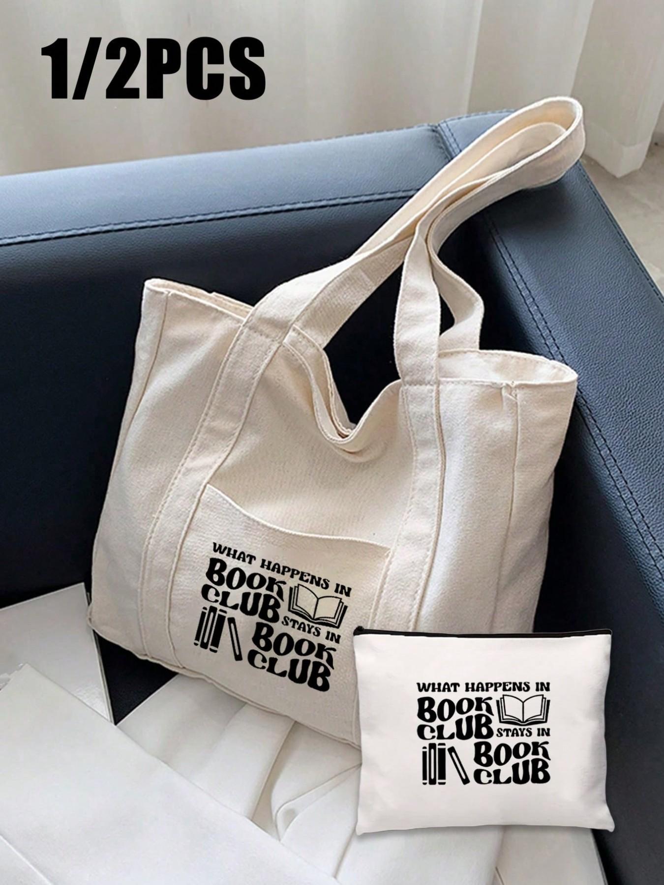 Handbag and Makeup Bag Set, Book Club Pattern, Casual, Large Capacity, Portable, Ideal for Teens, Women, College Students, Teachers' Day Gift