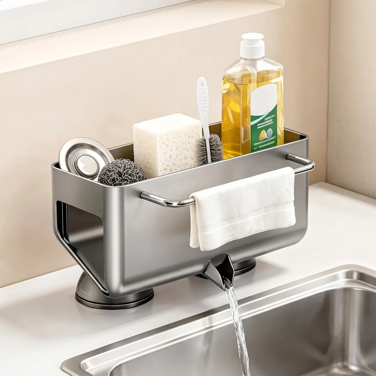 Sponge Holder for Kitchen Sink, 45° Tilted Self Draining Sink Caddy Organizer with Towel Bar, Waterproof Rustproof Countertop Soap Brush Holder with Strong Suction Cups