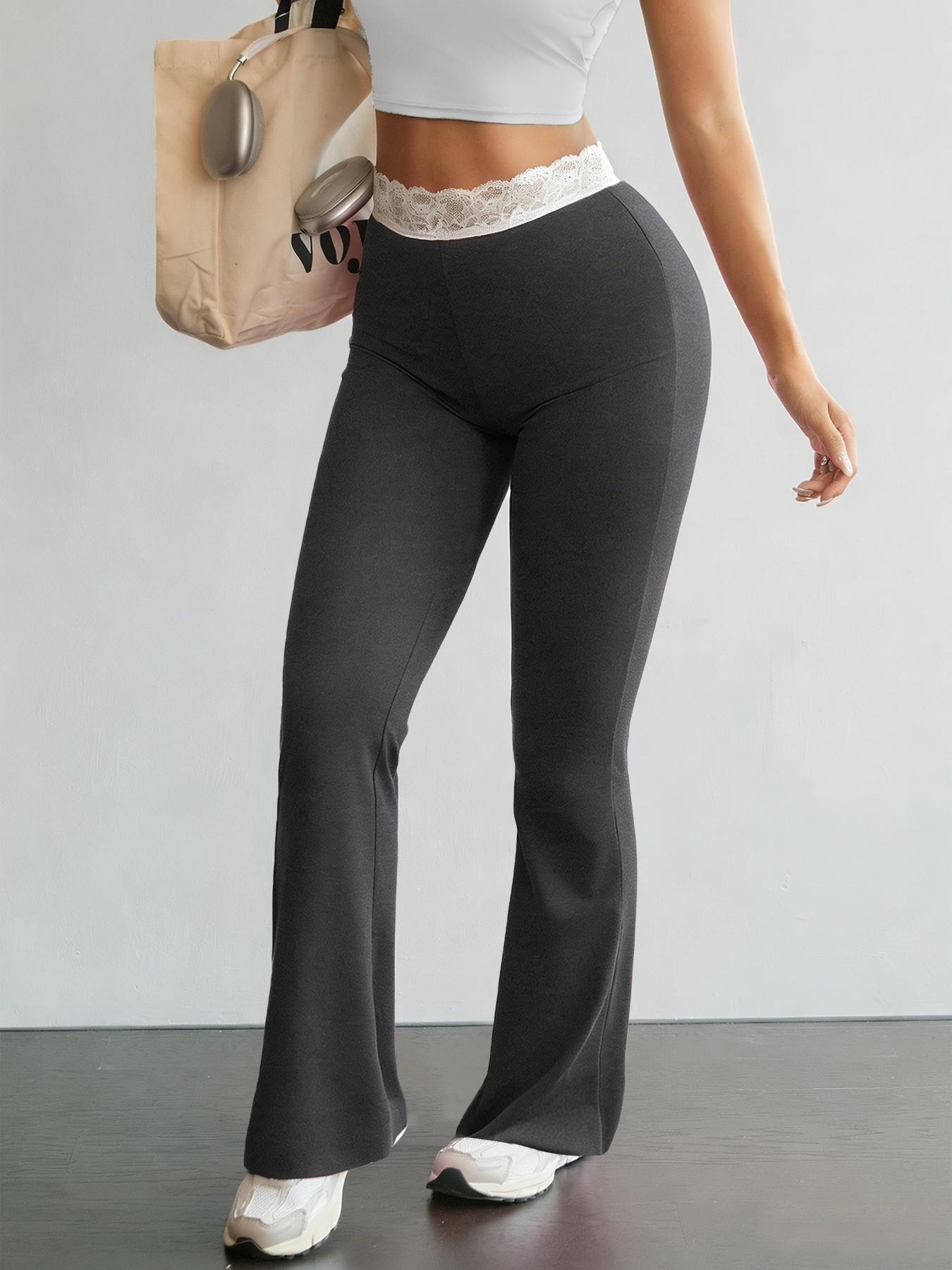 Women's Lace Trim Waistband High-Waisted Leggings, Stretchy Tight-Fitting Pants, Athleisure Style Bottoms for Gym Workout Street Outdoor Casual Running Hiking All Seasons