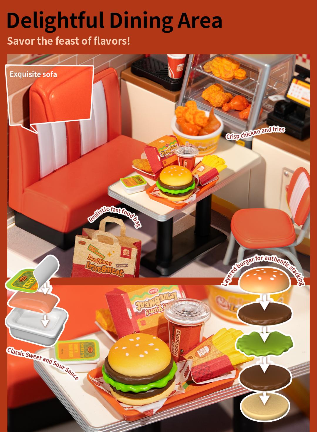 Rolife Yum Yum Burgers DIY Plastic Miniature House DW010 Miniature House Kit DIY Plastic House Building Toy Set with LED Tiny Store Making Kit Model Craft Hobby Unique Gift