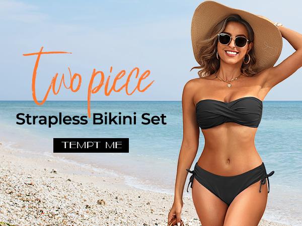 Tempt Me Women's Strapless Bandeau Bikini Set - Twist Front Two Piece Swimsuit Top with Side Tie Bathing Suit Bottom