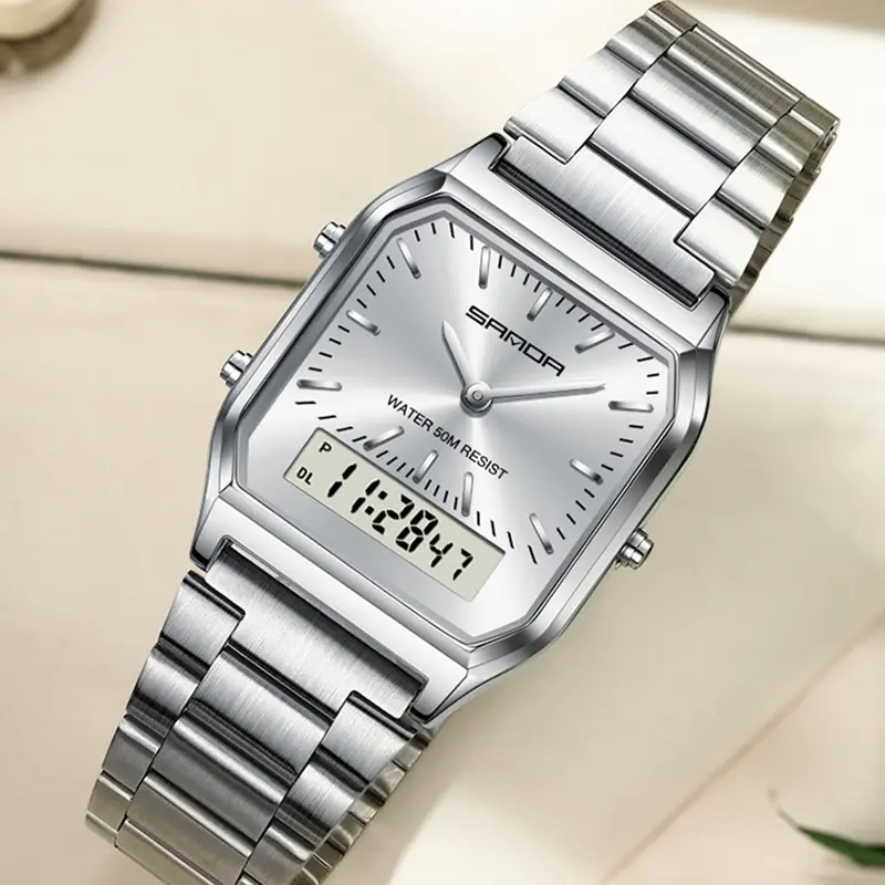 SANDA Digital Dual Display Unisex, Waterproof Watch, Sports Quartz Watch, Quartz Wristwatch, Stainless Steel Watch, with Luminous & Alarm & Calendar Function, with Box