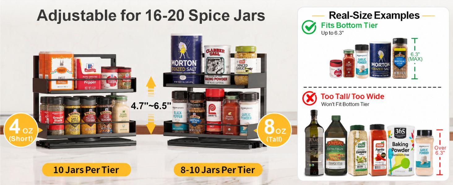 Vertical Spice Rack Pull Out - 1 Pack Rotate No-Drill Slide Out Spice Rack for Cabinet Swivel Easy Access Spices, Adjust Height for 4oz to 8oz Spice Jars Inside Kitchen Pantry Cabinet, Black