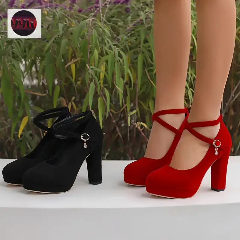 YYW1 Elegant Women's Mary-Jane Heels - Chunky Heel, Round Toe, Breathable Man-Made Pumps (Black, Red) - All Seasons European/Amer. Style for Wedding, Work Wear