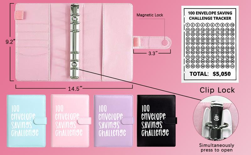CLOUDSEA 100 Envelope Savings Challenge Binder A5 Size with Cute Stickers & Cash Envelopes for 100 Day Savings $5,050 Budgeting Planner Finance Checklist Organizer