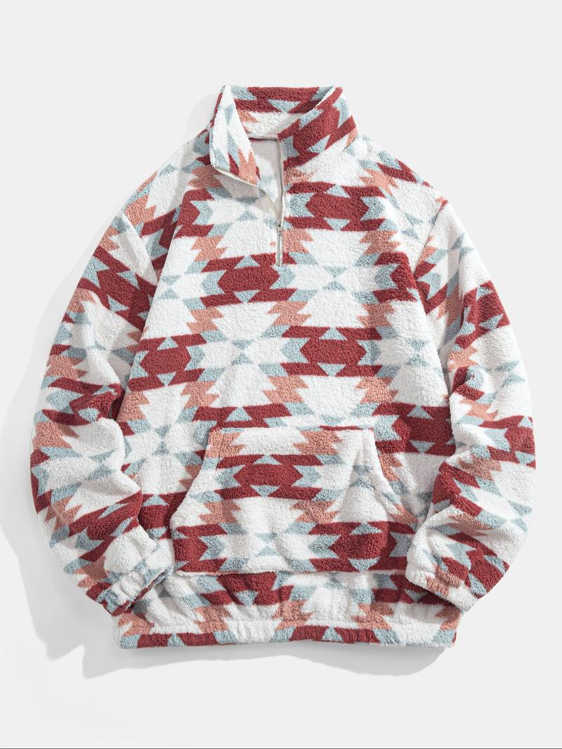 Men's Leopard Print Pocket Half Zip Plush Sweatshirt, Loose Casual Long Sleeve Drop Shoulder Fuzzy Pullover for Winter, Fashion Men's Clothes for Daily Wear, Casual Sweatshirts