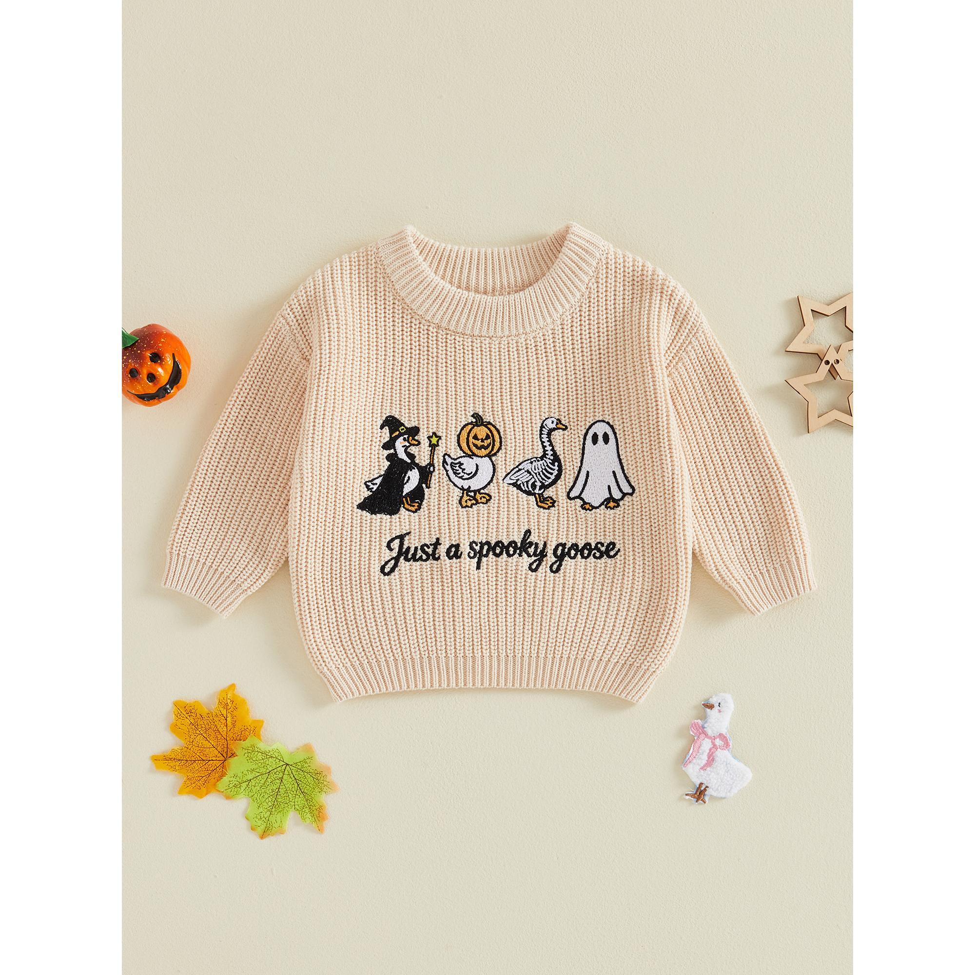 Toddler Baby Little Boy Girl Halloween Sweater Pumpkin Skull Goose Ghost Embroidery Long Sleeve Pullover Unisex Fall Knit Tops 0-7 Years