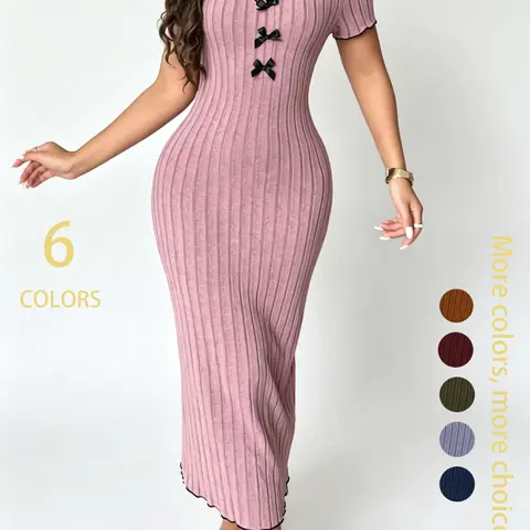 Women's Contrast Binding Bow Ribbed Knit Dress Fit, Casual Stylish Everyday Wear, Perfect for Spring and Summer
