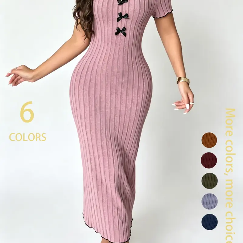 Women's Contrast Binding Bow Ribbed Knit Dress Fit, Casual Stylish Everyday Wear, Perfect for Spring and Summer