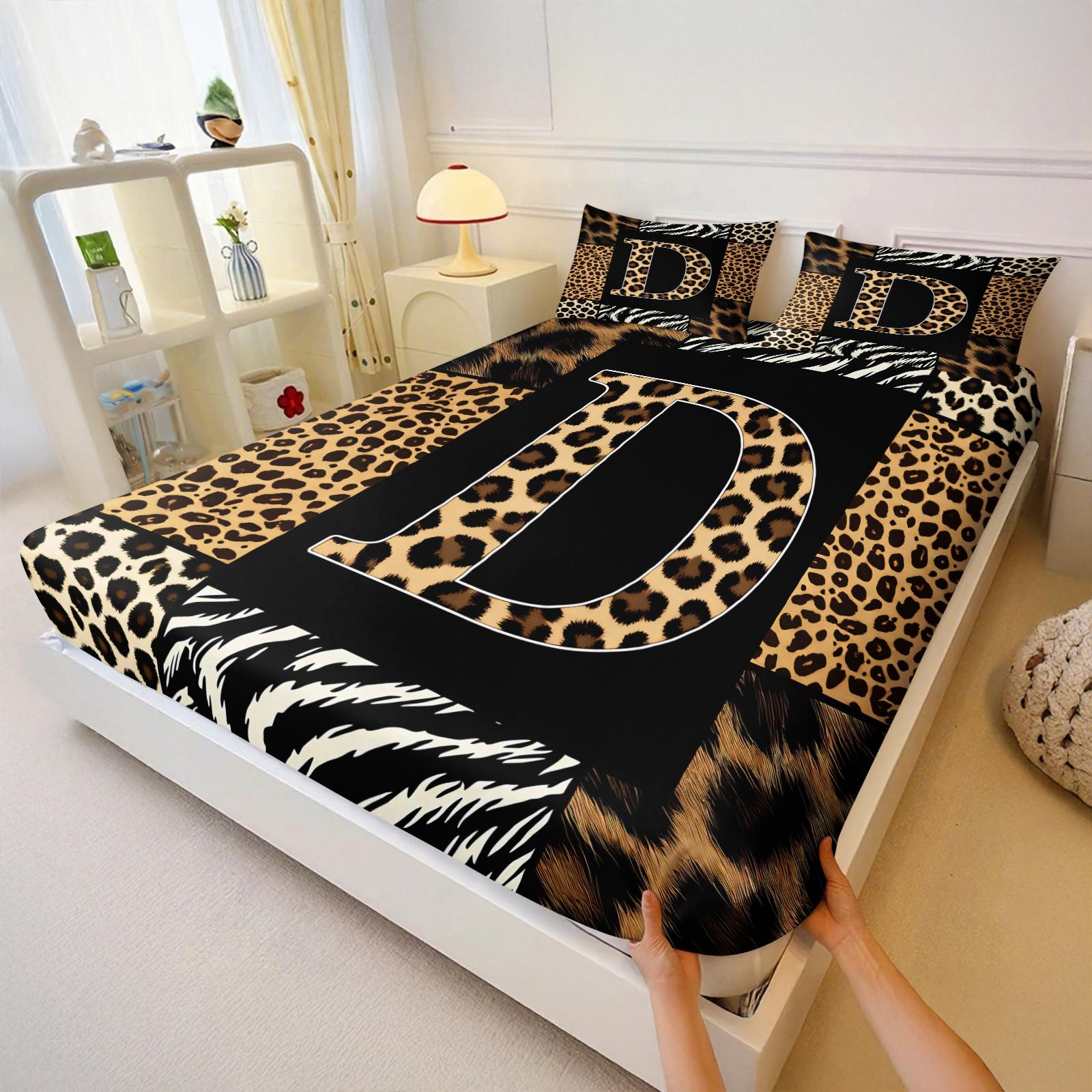 3Pcs Trendy Wild Leopard Zebra Patchwork Letter A-Z Fitted Sheet Set No Fillers, Animal Print Bed Sheet Set, Stylish Modern Bedding Set with Pillowcases, Deep Pocket Bedding for Women Girls Bedroom Decor