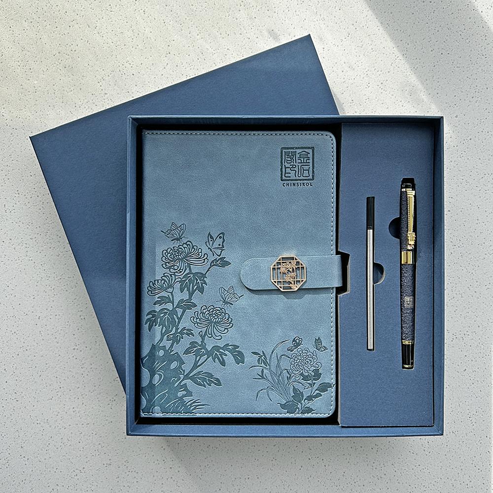 Chinsikol Notebook Journal Gift Set with Metal Signature Pen and Replacement Refills, Elegant Chrysanthemum Print, Perfect for Office and Study
