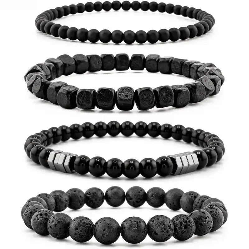 Matte Agate Bead Bracelet Set For Men, Adjustable Lava Rock Stretch Bracelets, Natural Stone Fashion Jewelry, Perfect For Daily Wear And Modern Casual Styling