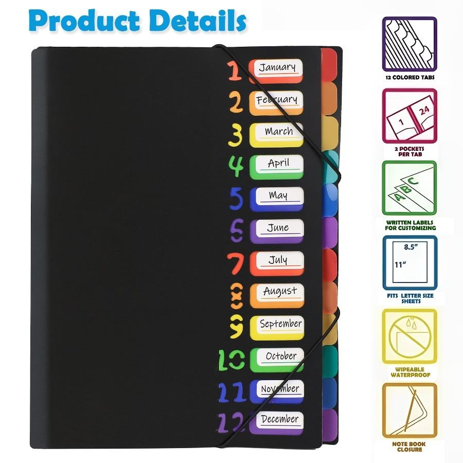 Multi-Layer A4 Folder with Rainbow-Colored Tabs & Monthly Dividers - Durable Plastic Document Organizer for School, Office, Home-Color-Coded Calendar System, Labeled Months, Sturdy Black Cover, Folders