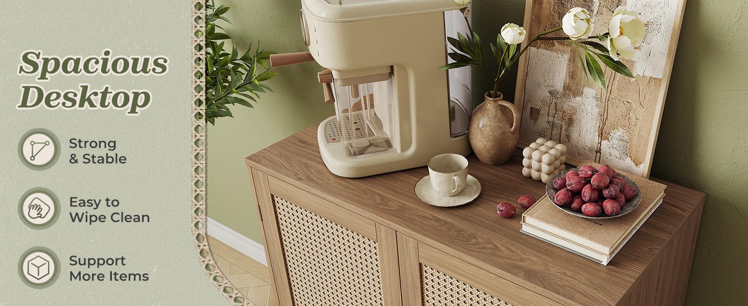 Huuger Buffet Cabinet with Storage, Storage Cabinet with PE Rattan Decor Doors, Media Console with Solid Wood Feet, Sideboard Cabinet for Hallway, Entry, Living Room