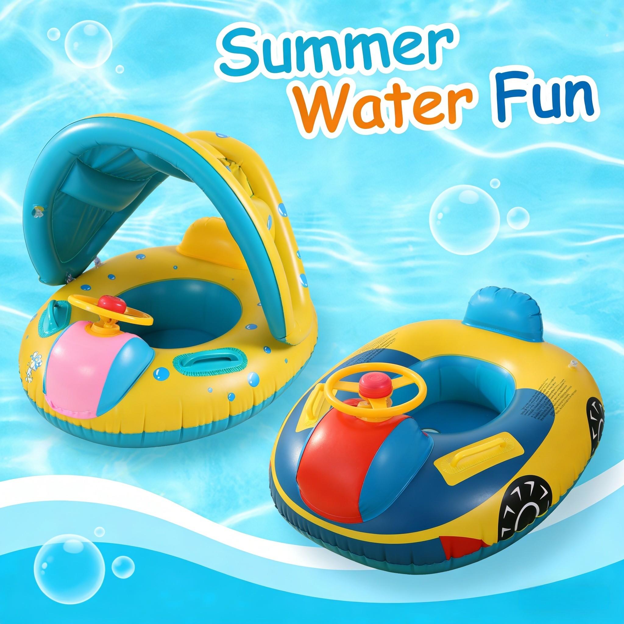 Bubble Print Shaded Inflatable Pool Float with Steering Wheel, Sun Protection, Interactive Driving Design, Thickened PVC, Fun Summer Water Play
