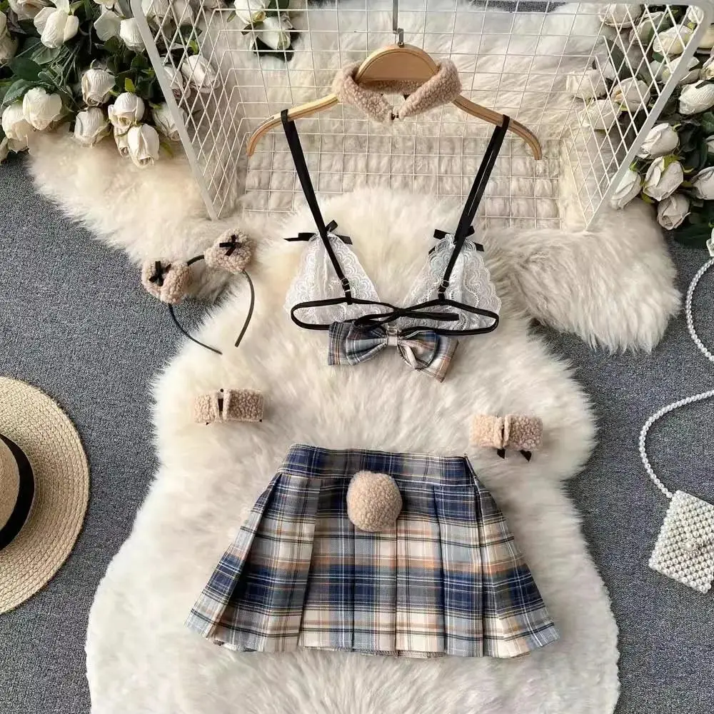 New Hotsweet 5 Pieces Sets Short Skirt Sailor Chic Women's Dress Sexy Pleated Suits Lace Bra Brief Plaid Mini Skirt Preppy  Ins