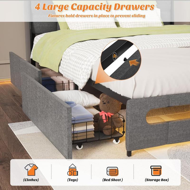 Bed Frame with 4 Storage Drawers, LED Lights, Upholstered Leather Headboard, Strong Wooden Slats, Adjustable Headboard with Smart Control LEDs Bed Frame with 4 Storage Drawers, LED Lights, Upholstered Leather Headboard, Strong Wooden Slats, Adjustable Headboard with Smart Control LEDs