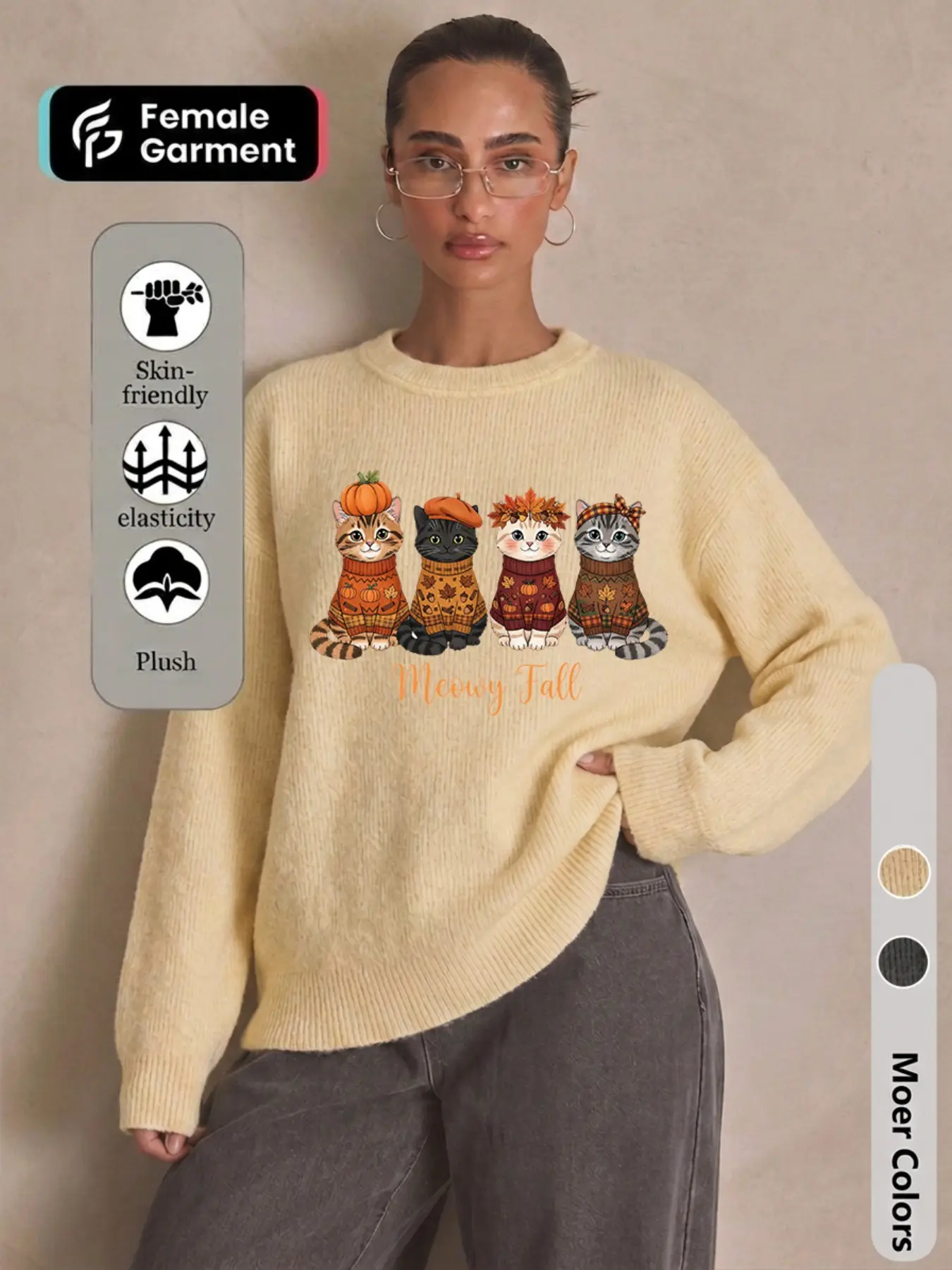 Meowy Fall Cute Cat Print Knit Sweater Women Long Sleeves Autumn Casual Cozy Crewneck Pullover