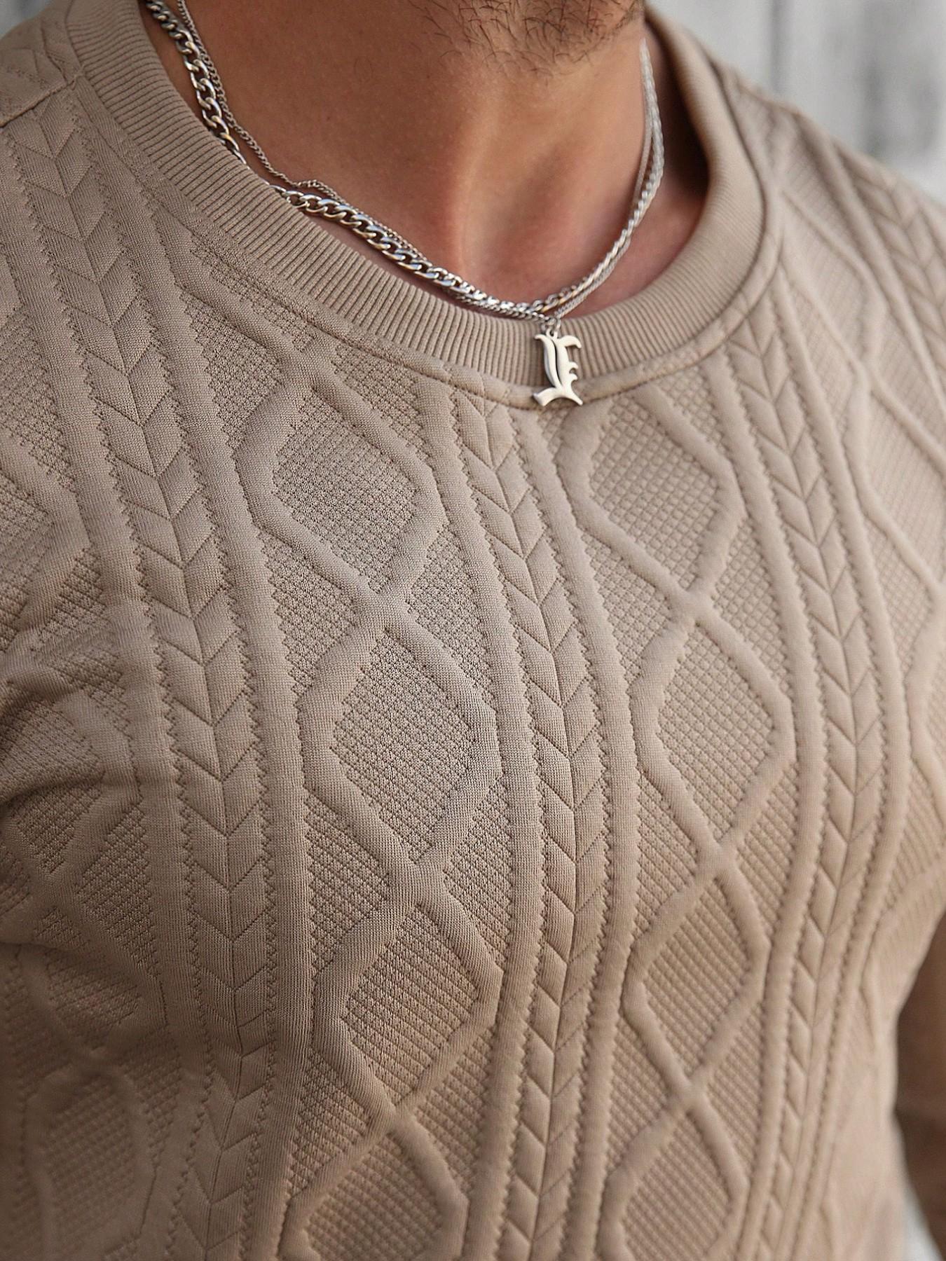 2026 Trendy Men's Beige Cable Knit Diamond Pattern Sweatshirt Long Sleeves | Slim-Fit Stylish Casual Pullover for Daily & Street Wear
