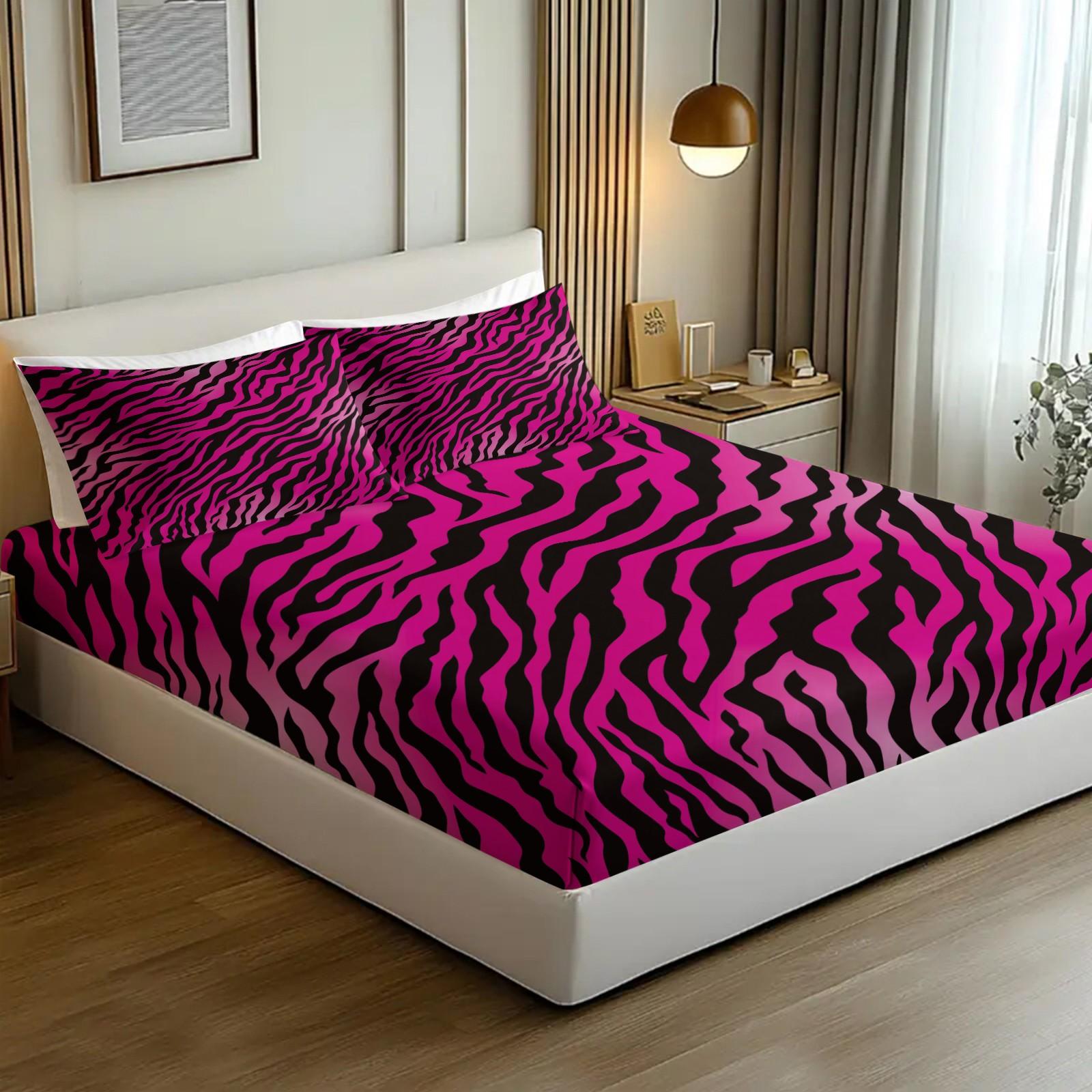 Black & Pink Zebra Print Fitted Sheet Set, 1 Bed Fitted +2 Pillowcases No Core, Hot Pink Base with Black Zebra Print, Y2K Millennial Style Bedding Non-Slip, Soft Breathable Fabric, Girls Bedroom Decor