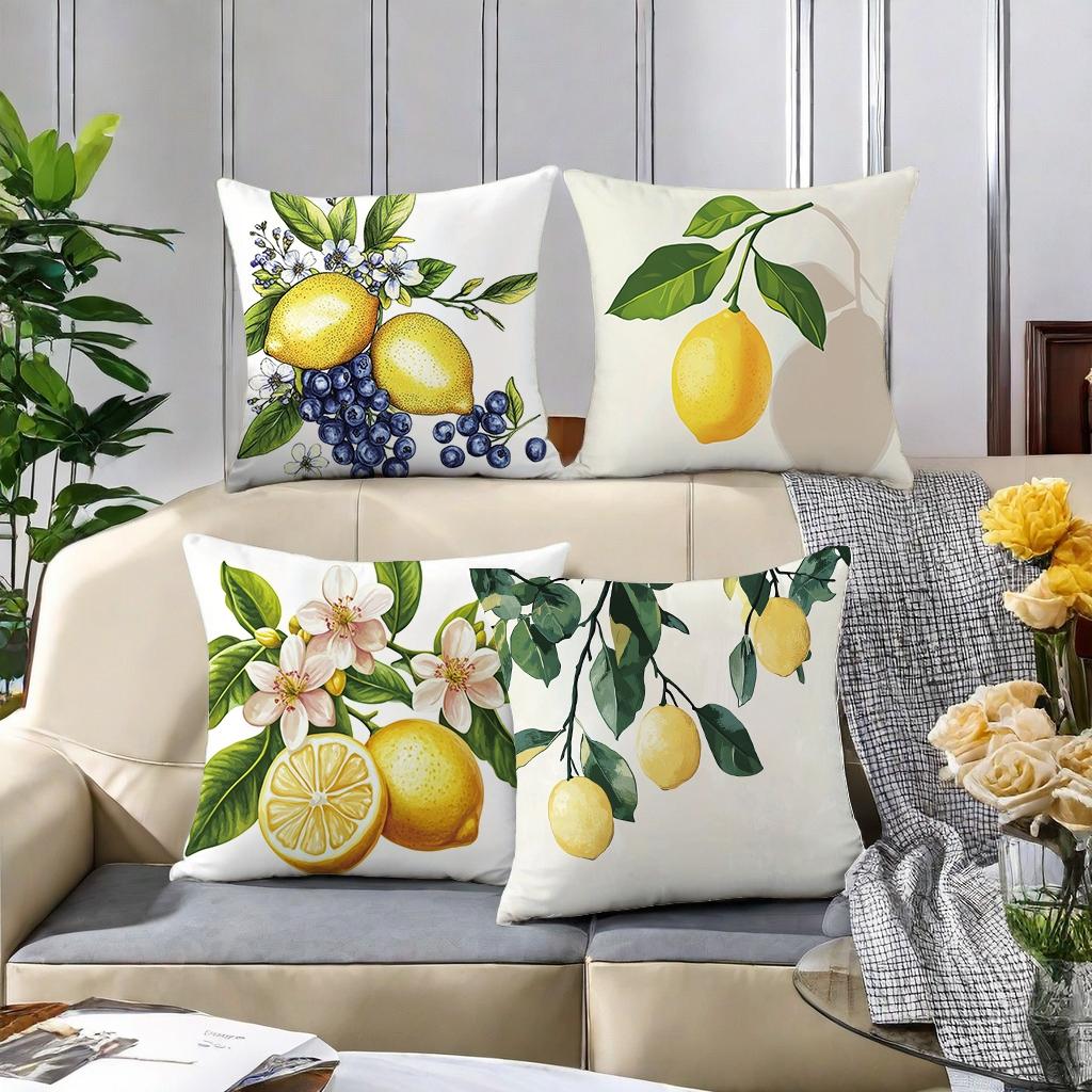 Lemon Pattern Cushion Cover, 4 Counts/set Square Throw Pillow Cover without Filler, Household Decoration Supplies for Home Living Room Bedroom