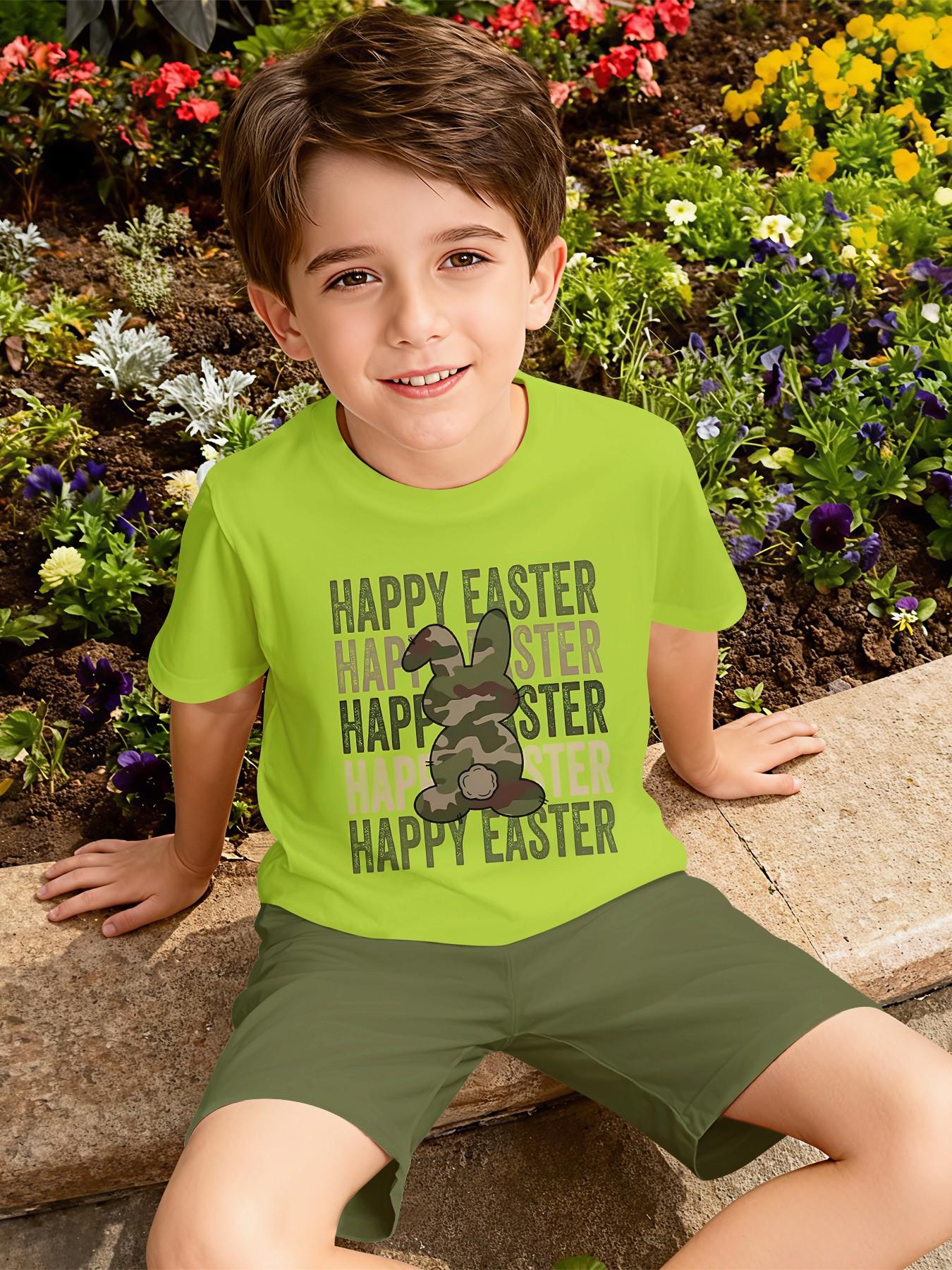 Fluorescent Green Camouflage Rabbit HAPPY EASTER Two-Piece Short Sleeve and Shorts Set, 100% Polyester Casual Loose Outfit, Summer Fun Printed Pattern, Outdoor Sports T-Shirt Set, Perfect Gift for Boys