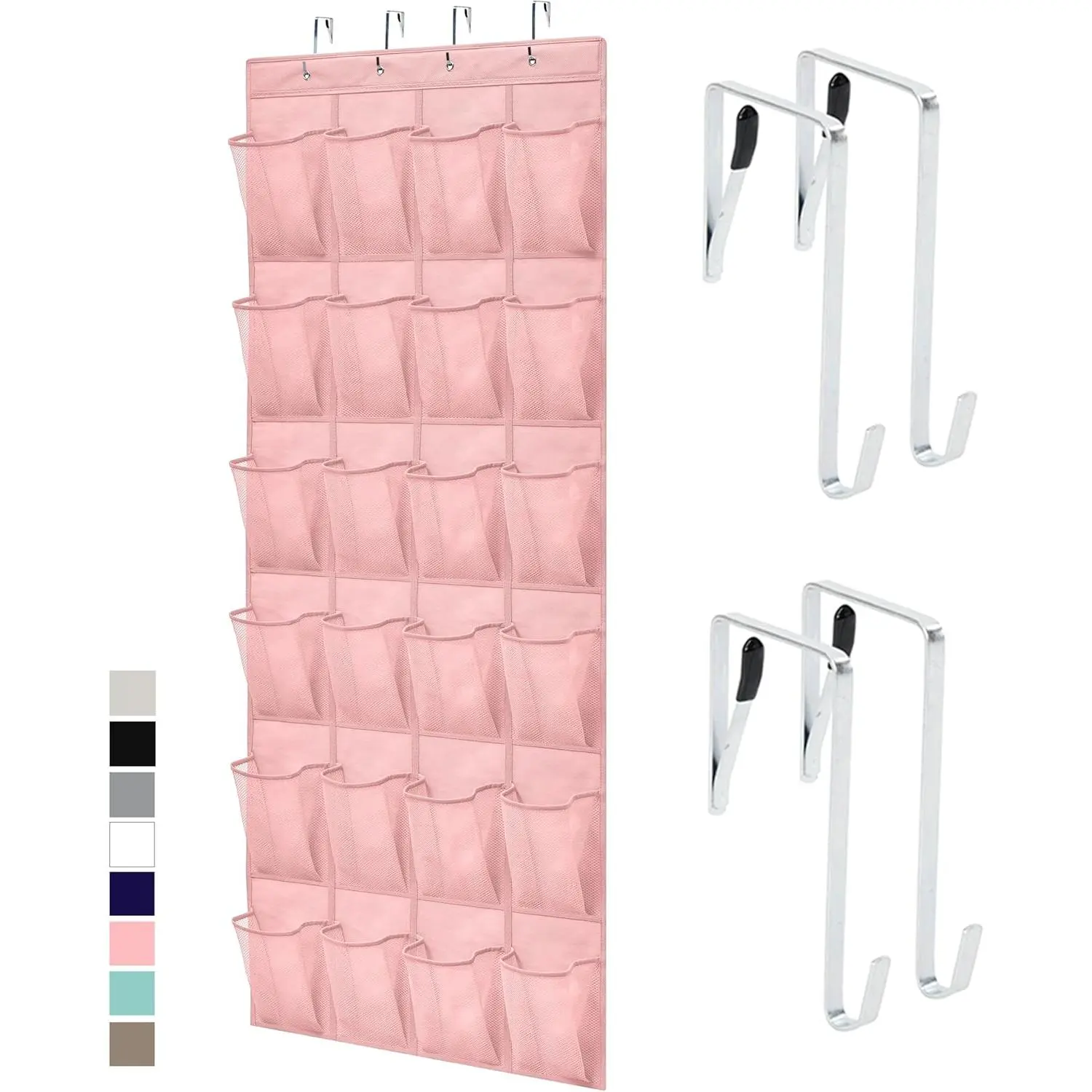 Over-the-Door Hangable Fabric Shoe Rack Organizer, 24 Large Breathable Mesh Pockets, 4 Hooks, 40 lbs Capacity, Space-Saving Hanging Holder for Bathroom Shoes & Beauty Accessories, Pink