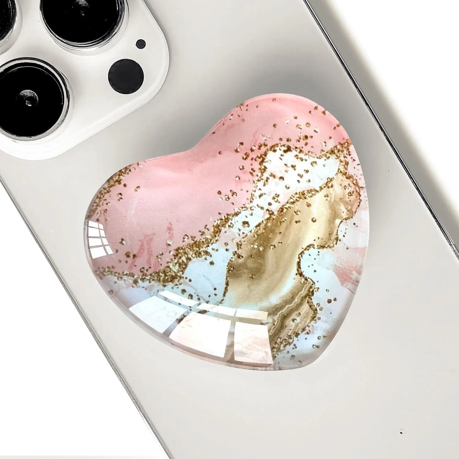 Expandiing Moblile Cell Phone Grip Heart Shape Glass Holder for Smartphones, Cellphone Collapsible Stand(  Marble