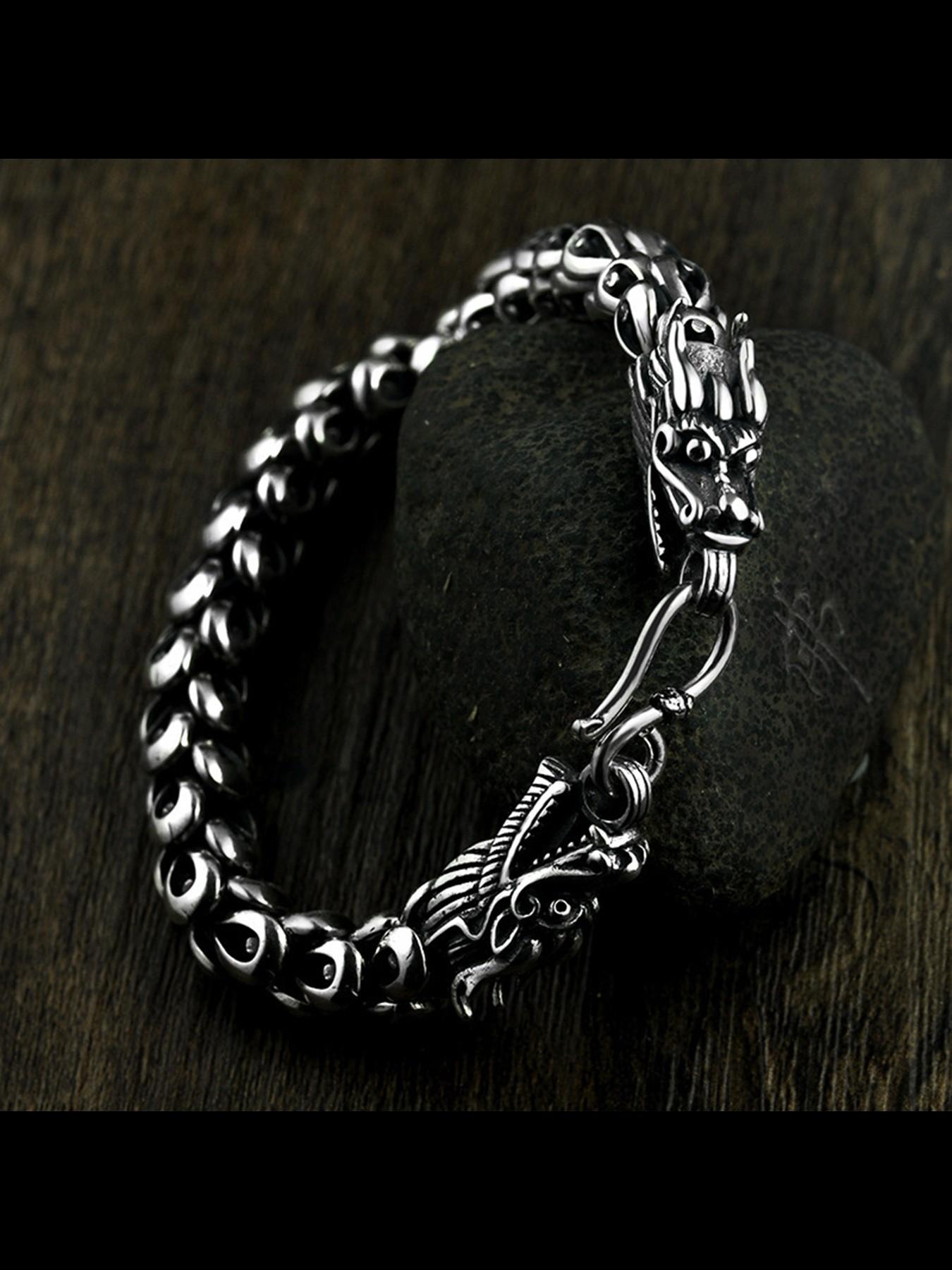 New Fashion Versatile Thai Dual Dragon Head Hand Chain, Men's Trendy Thick Dragon Scale Lucky Twelve Zodiac Dragon Bracelet