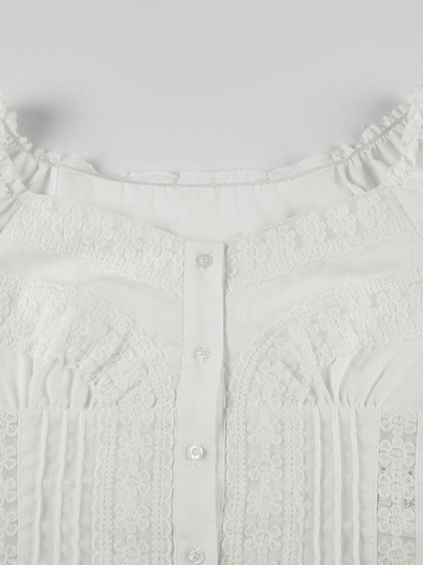 Women's Plain Contrast Lace Frill Trim Casual Button Front Blouse, Sweet Fashion Puff Sleeve Top for Summer, Women's Clothing for Daily Wear