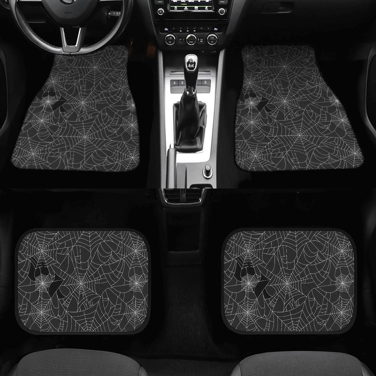 4-Piece Spider Web Print Car Mat Set, Universal Fit, Crystal Velvet, Full Coverage, Suitable for Sedan, Truck, Suv, Essential Car Accessories