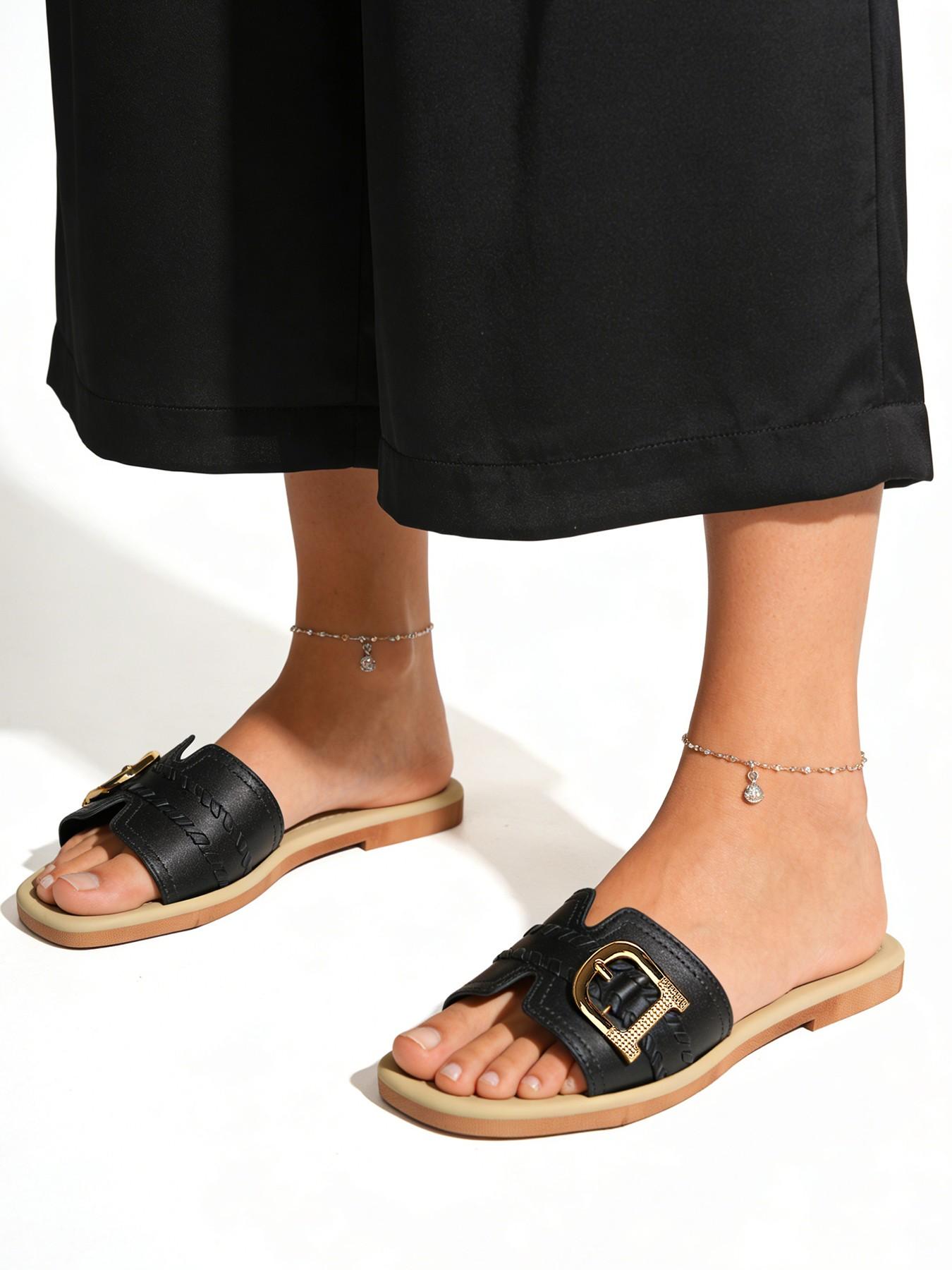 Women's Open-Toe Sandals with Decorative Buckle, Lightweight Breathable Flat Shoes, Cute Casual Style, All Seasons, Indoor Outdoor Use