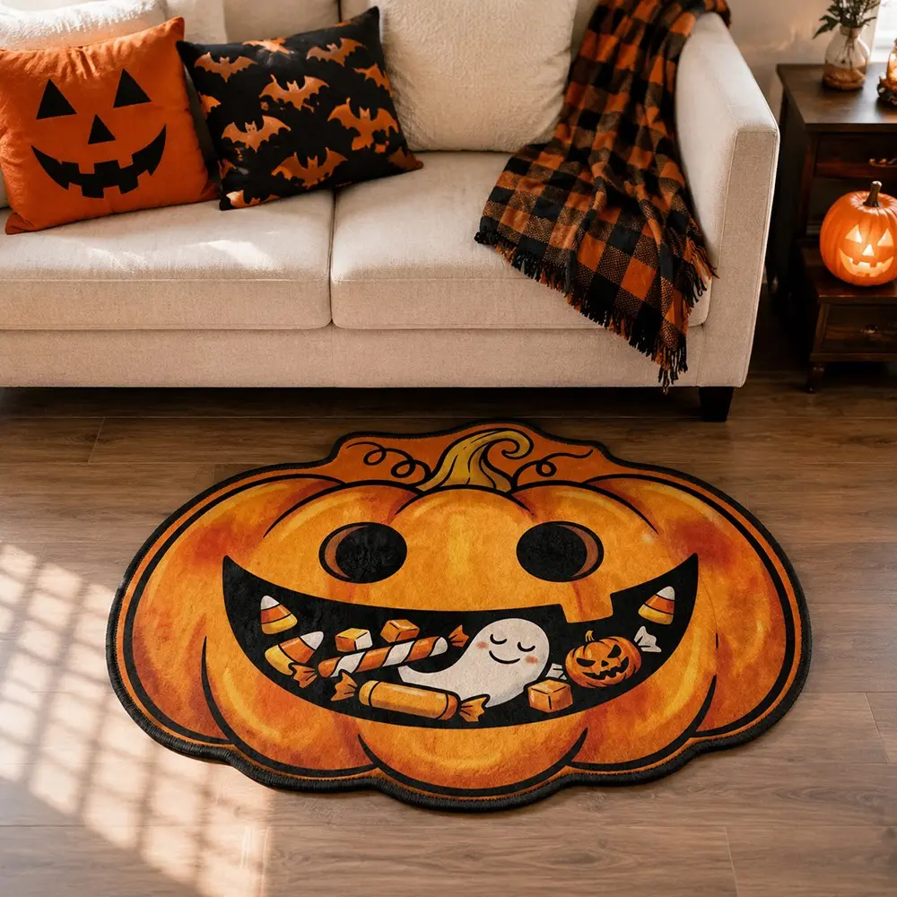 Halloween Jack-o'-lantern Shaped Velvet Rug, Candy Corn Ghost Small Pumpkin Irregular Non Slip Doormat, Cute Spooky Vintage Gothic Floor Mat for Entryway Bedroom Halloween Home Decor
