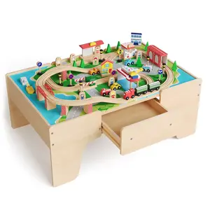 84/78 Piece Train Table, Multipurpose Wooden Toy Activity Playset for Children w/Tracks and Drawer, Reversible Top - Natural